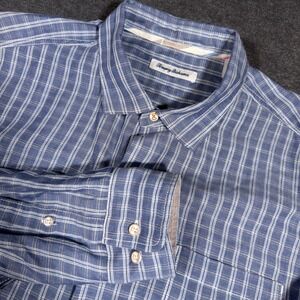 Tommy Bahama Button Up Shirt Mens XL Blue Plaid Linen Tencel Blend Long Sleeve
